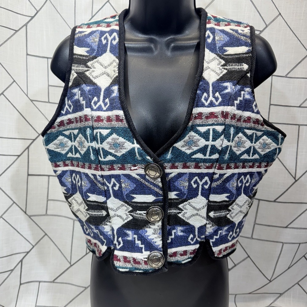 VTG 90s Southwest‎ Canyon Womens M Geometric Jacquard Crop Vest Western Cowgirl